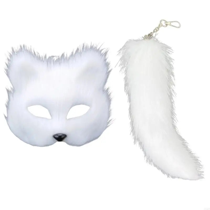 652F Therian Mask and Tail for Women Girls Fuzzy Cats Foxes Wolf Mask Tail Keychain Cosplays Halloween Costume BeautyBond