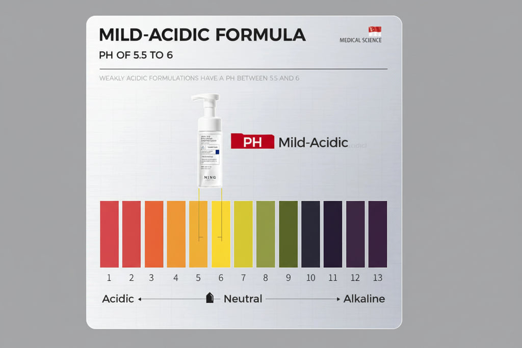 PH scale with a bottle labeled 'PH Mild-Acidic' on a gray background