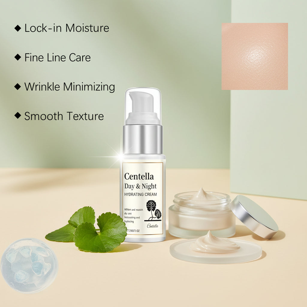 Woman with smooth skin next to a bottle of Centella Day & Night Hydrating Cream with product features listed.