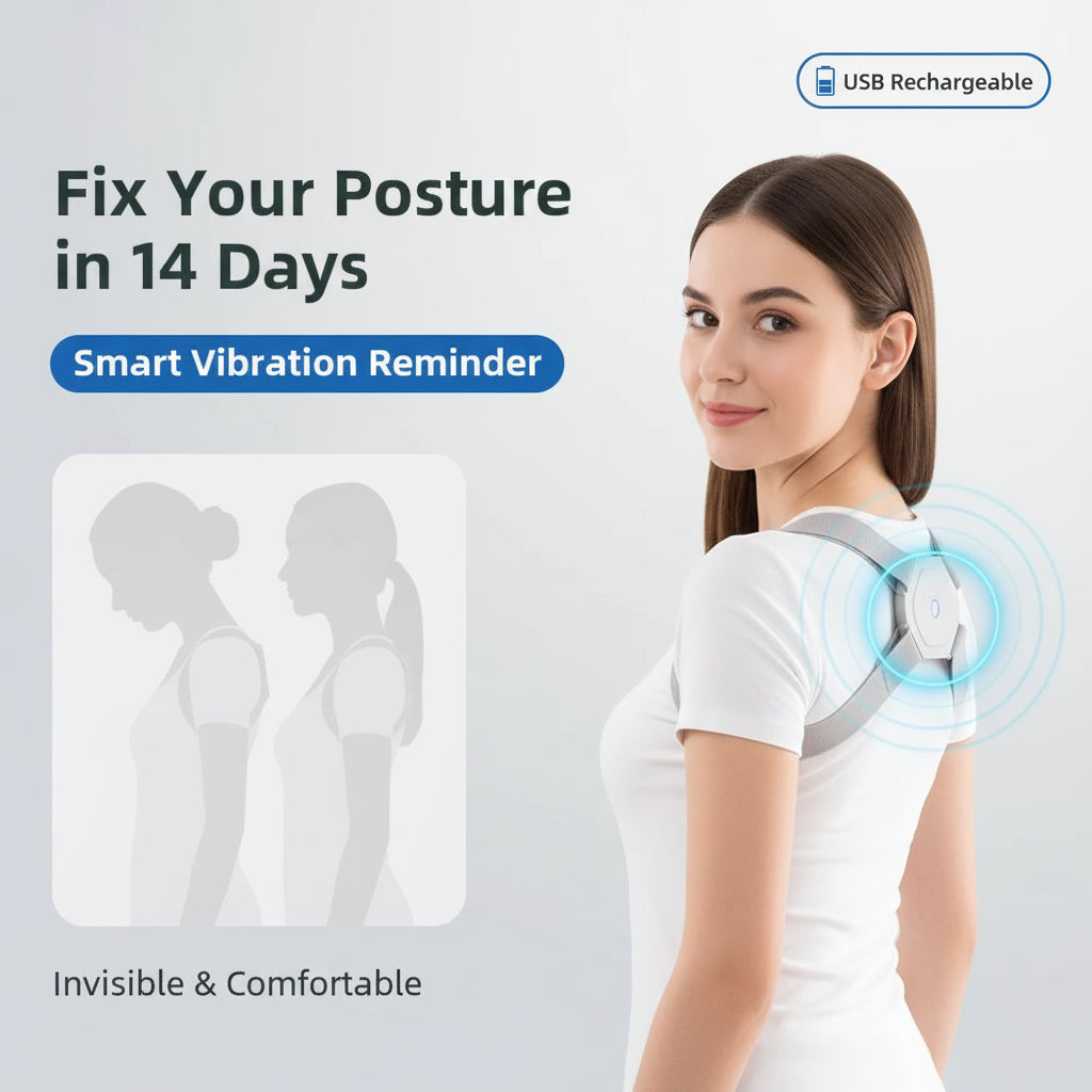 Smart posture corrector worn by a person with text highlighting its features.