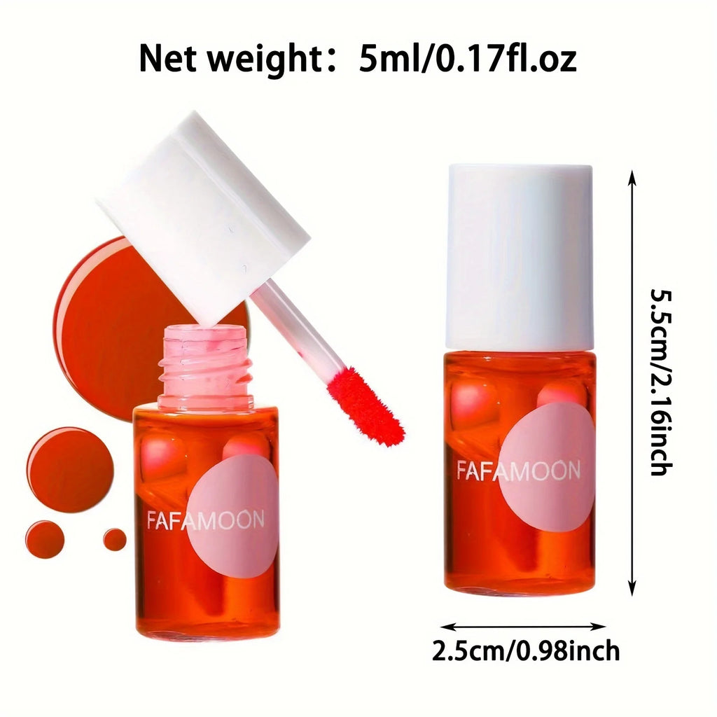 FAFAMOON lip gloss with applicator and measurements on a white background