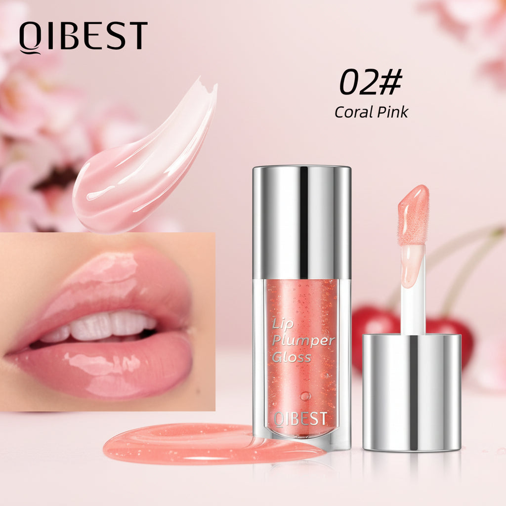 QIBEST lip plumper gloss with coral pink color on a white background