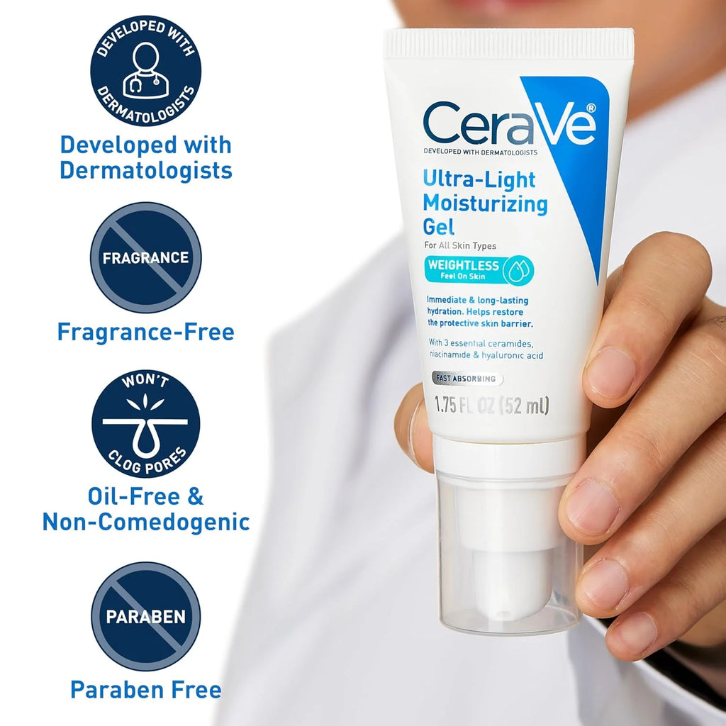 CeraVe Ultra-Light Hydrating Face Moisturizer Gel With Ceramides Niacinamide Hyaluronic Acid Oil-Free Fragrance Free 1.75 FL Oz BeautyBond