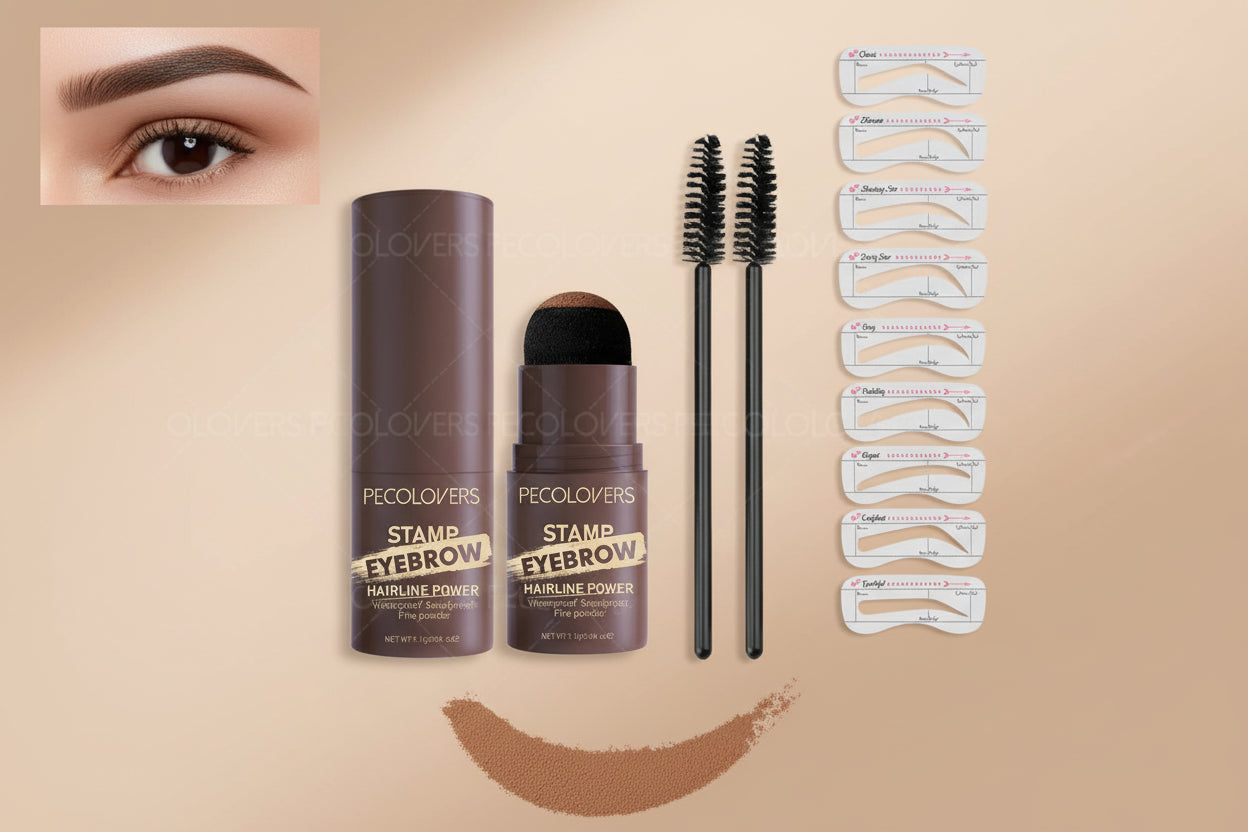 Pecolovers Stamp Eyebrow hairline powder set with applicators and brush on a white background.