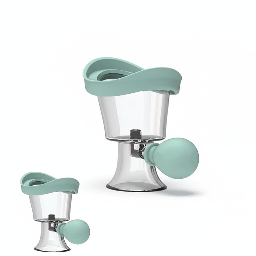 Baby bath toy with clear base and colorful handles, shown in use and on a white background.