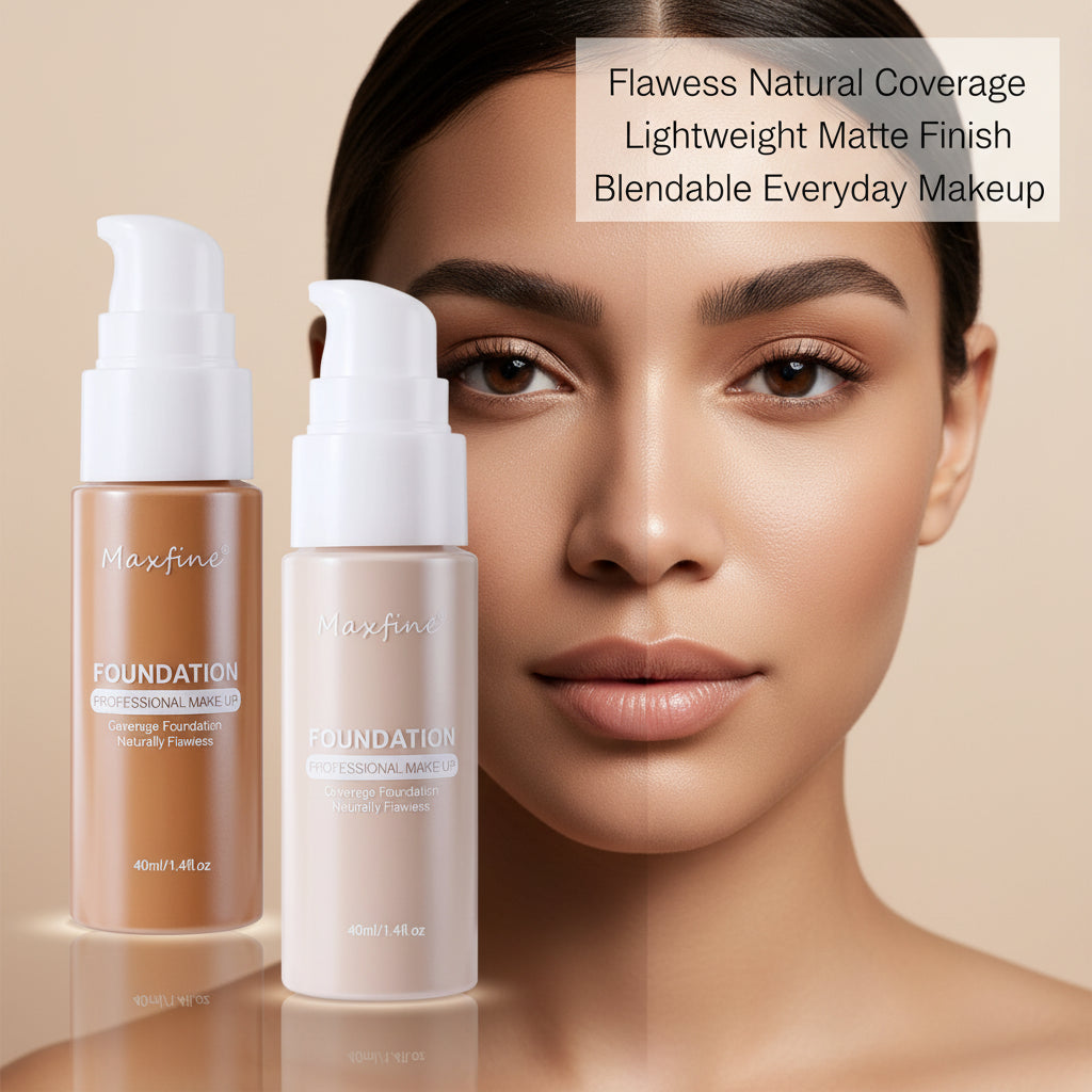 Maxfine foundation bottles with color swatches and a before/after application on a face.