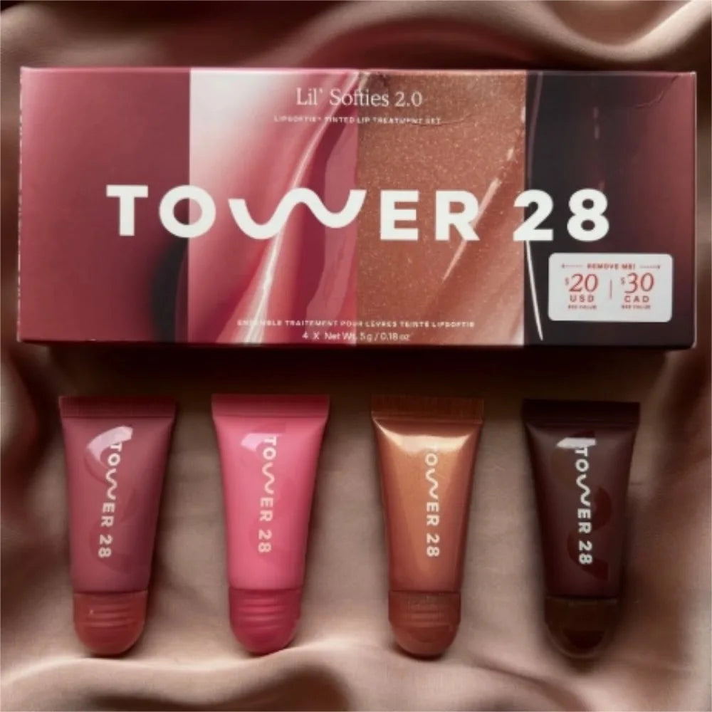 Original Tower 28 Beauty Mini Lil' Softies Lip Treatment Set Watermelon Sugar Plum Vanilla Dulce de Leche Colored Lip Blam Set BeautyBond