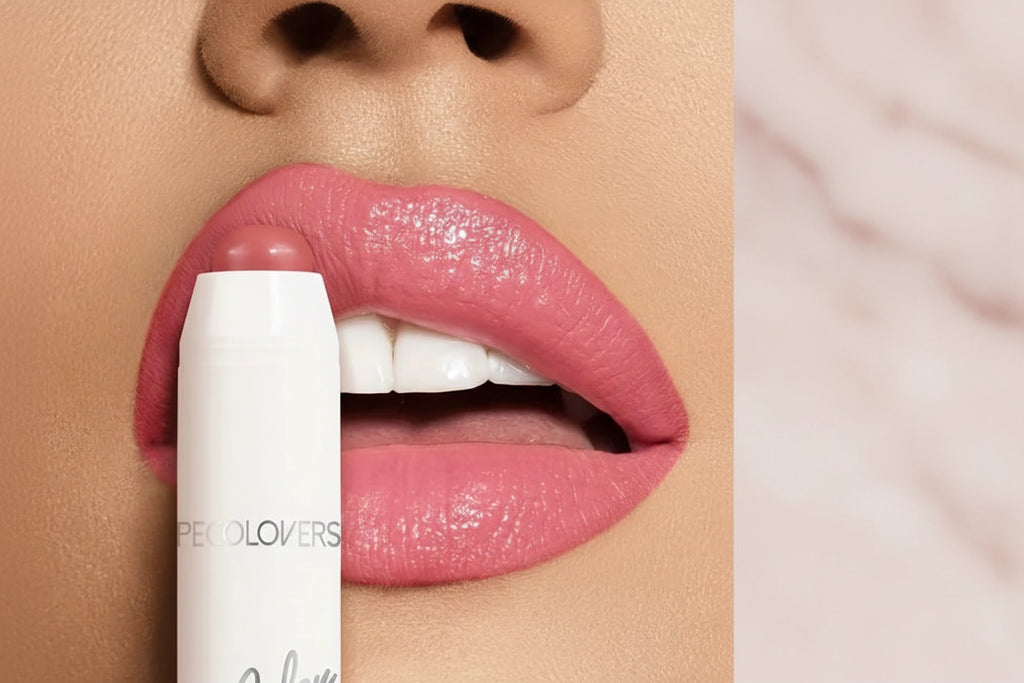 Close-up of a person applying pink lipstick with a PECOLOVERS lip balm.