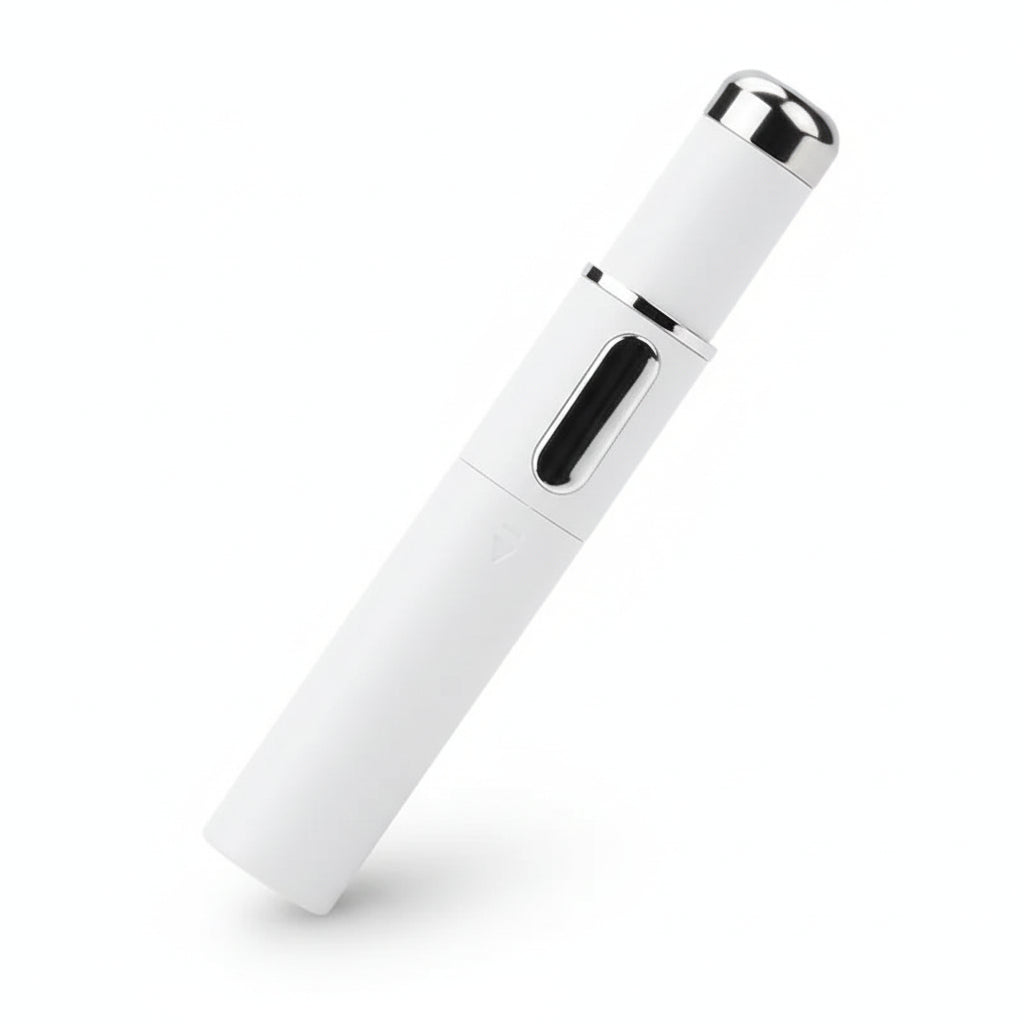 White electronic device with silver accents on a neutral background