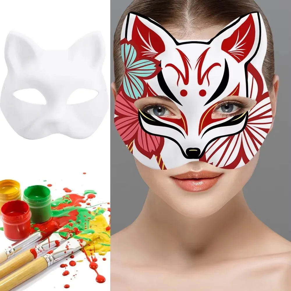 5/10/20/50 PCS White Cat Masks Therian Masks Blank DIY Halloween Mask Animal Half Facemasks Masquerade Cosplay Party BeautyBond