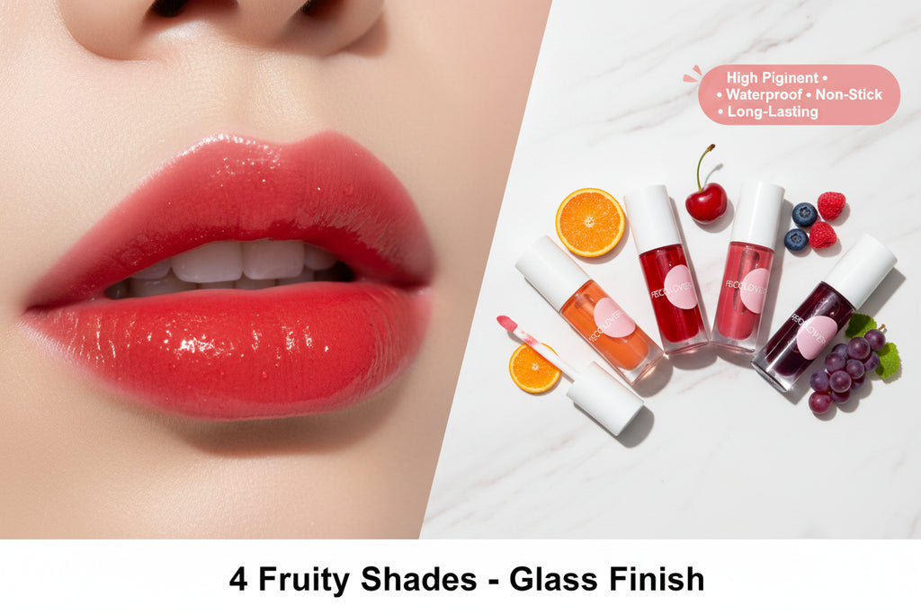 Four bottles of FAFAMOON lip gloss with color swatches on a white background