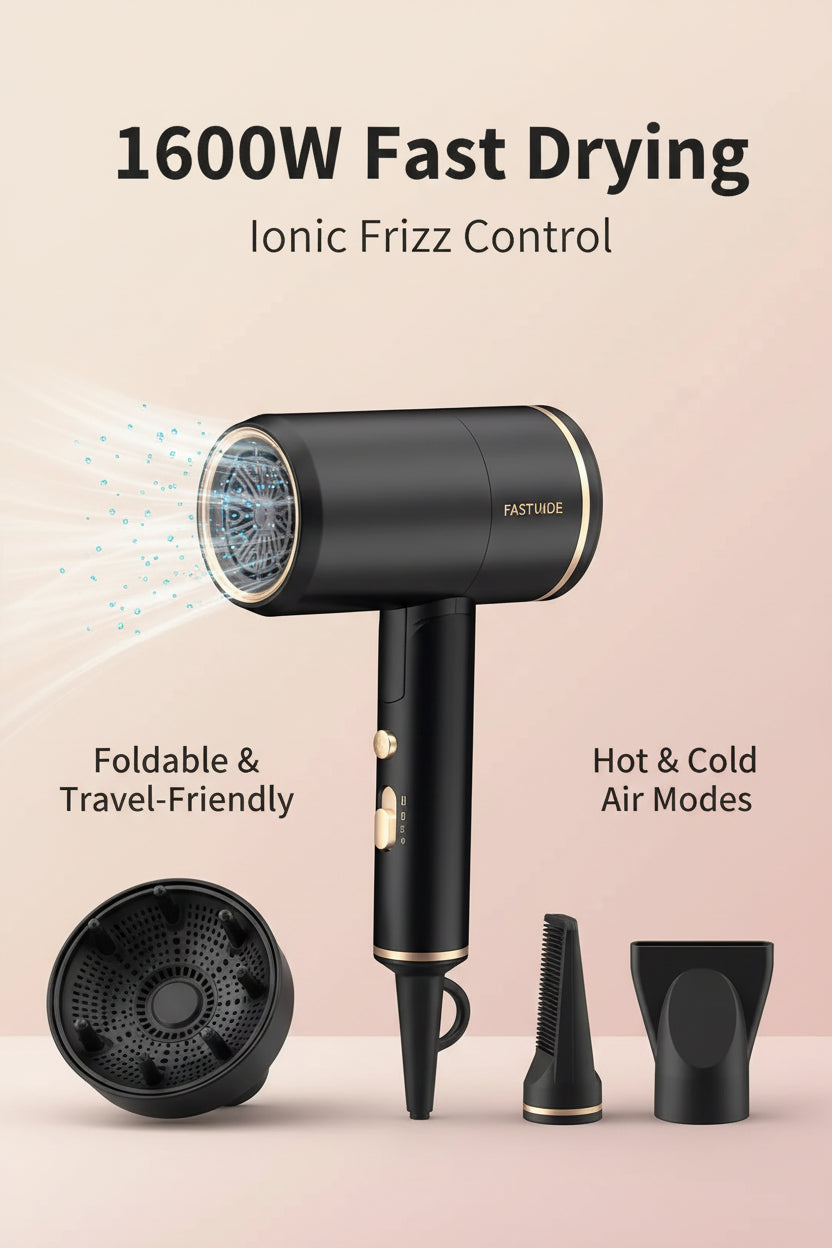 Hair dryer with '1600W' and 'High Power for 2X Faster Drying' text on a light blue background