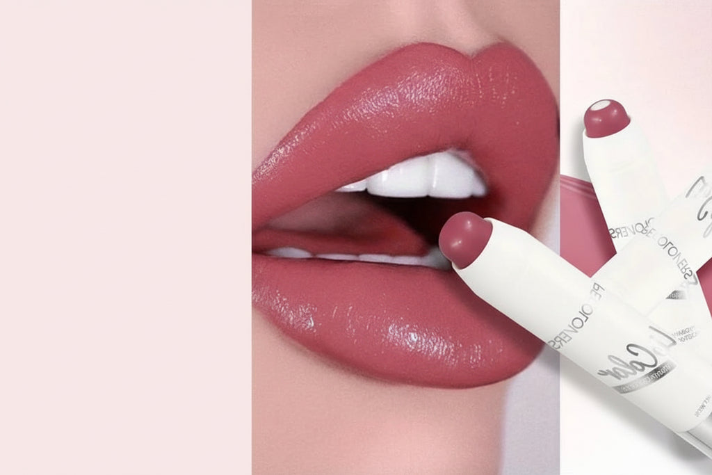Close-up of a person wearing a pink lipstick with a product application shown.