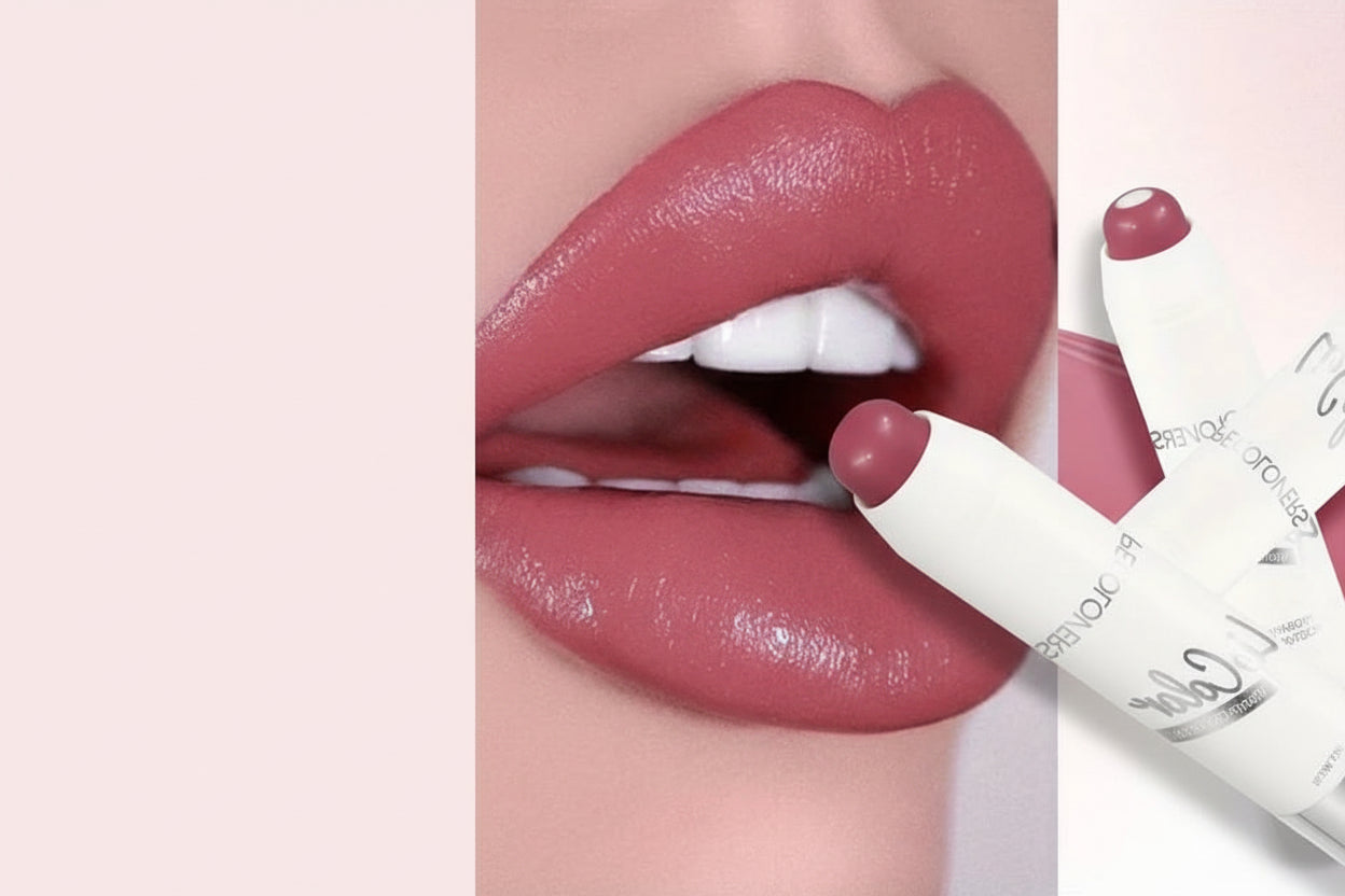 Close-up of a person wearing a pink lipstick with a product application shown.