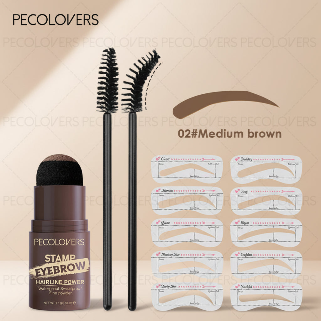 Pecolovers eyebrow grooming kit with stamp, brush, and templates on a white background