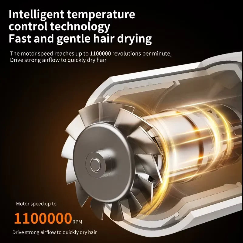 Hair dryer technology with motor and airflow illustration on a dark background