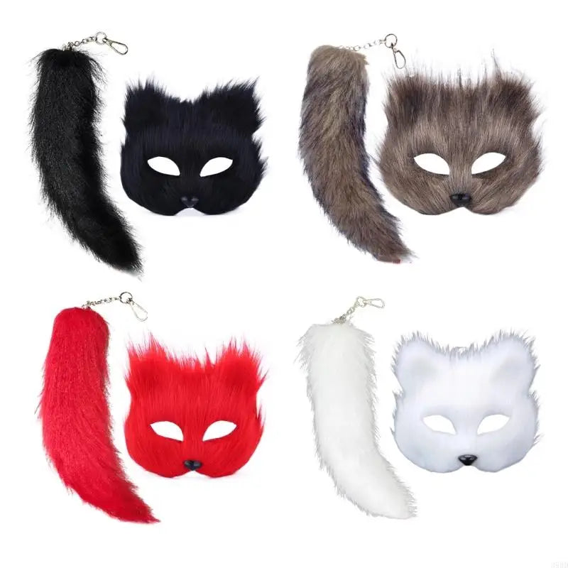 652F Therian Mask and Tail for Women Girls Fuzzy Cats Foxes Wolf Mask Tail Keychain Cosplays Halloween Costume BeautyBond