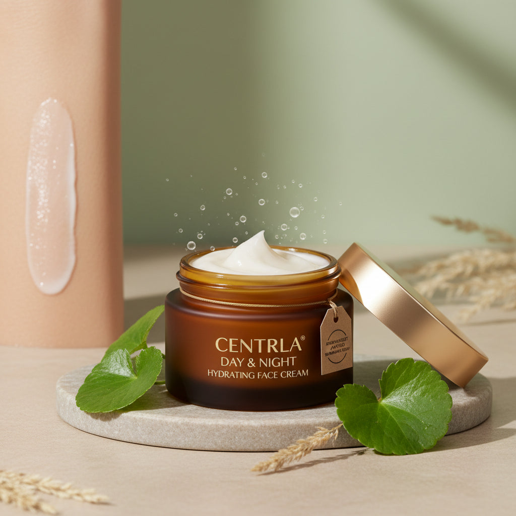 Centella Day & Night Hydrating Cream with a model applying it on her face, branded as West Month Beauty Store.