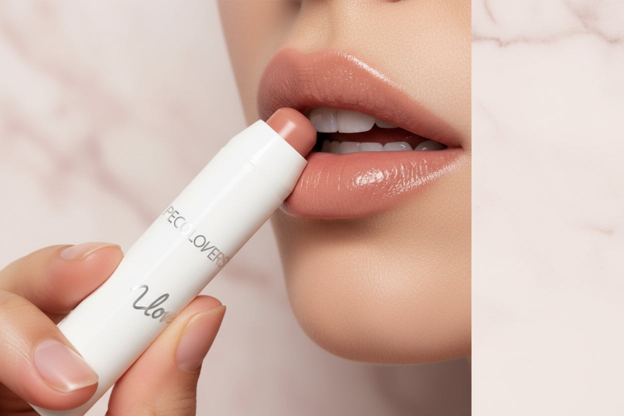 Lipstick being applied to a lip with 'PECOLOVERS' branding.