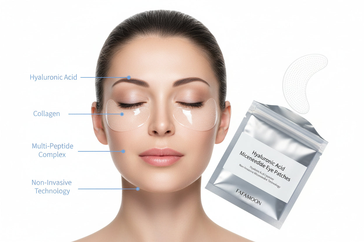 Woman's face with labeled skin concerns on a white background