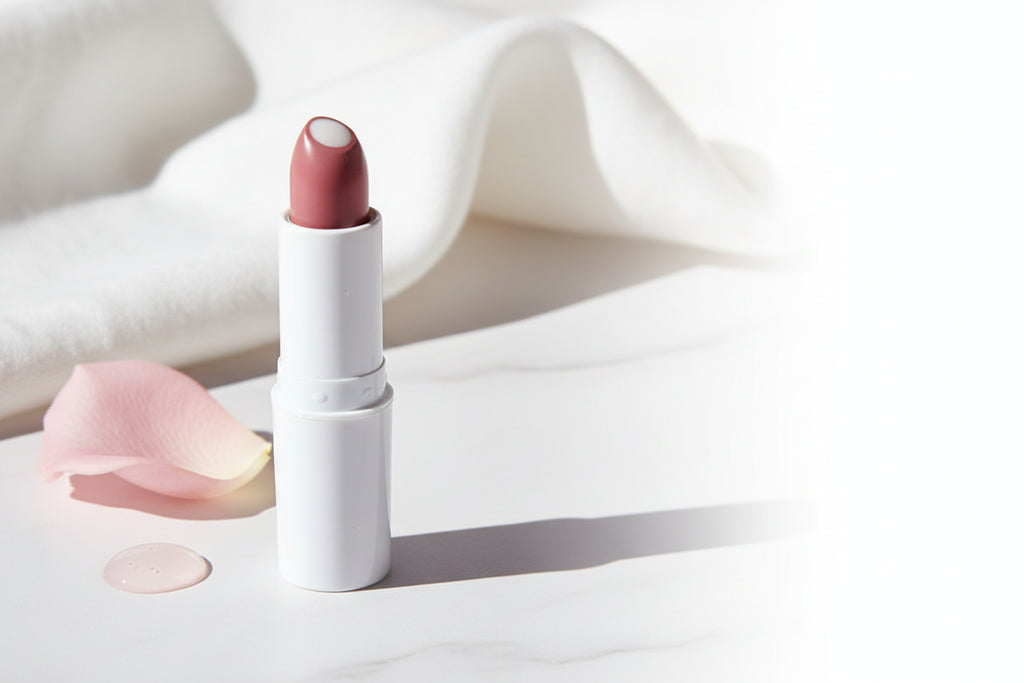 Close-up of a lip with a nude lipstick being applied