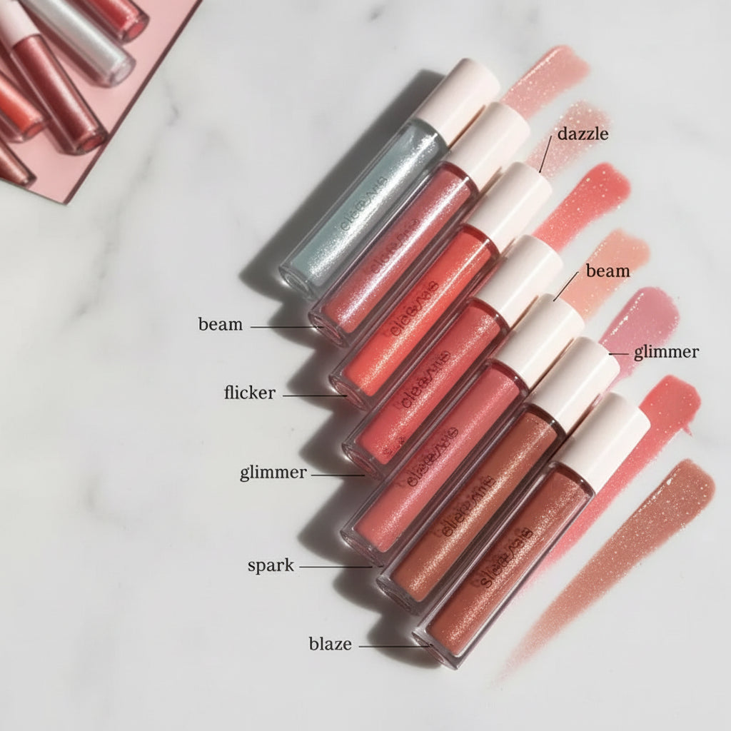 Lip gloss swatches on a hand with labeled shades