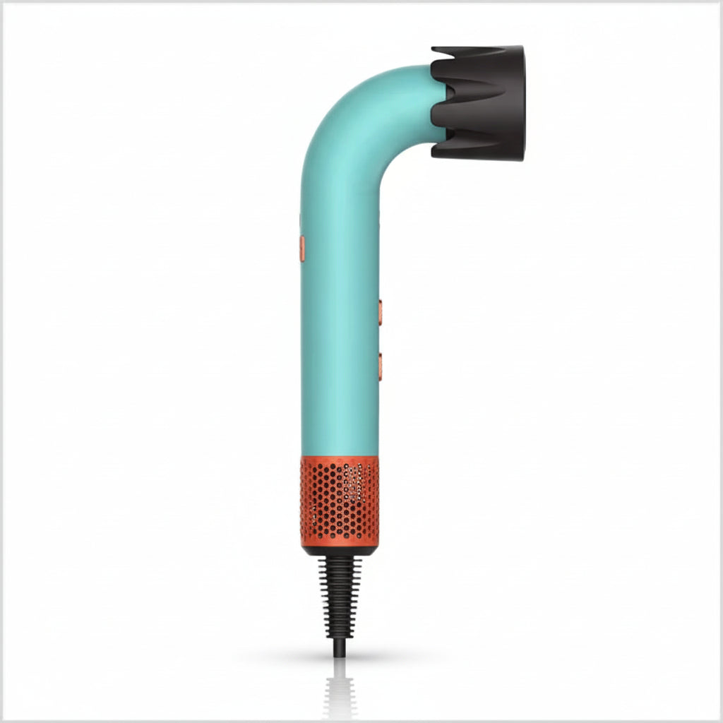 Turquoise hair dryer with a black nozzle attachment on a white background