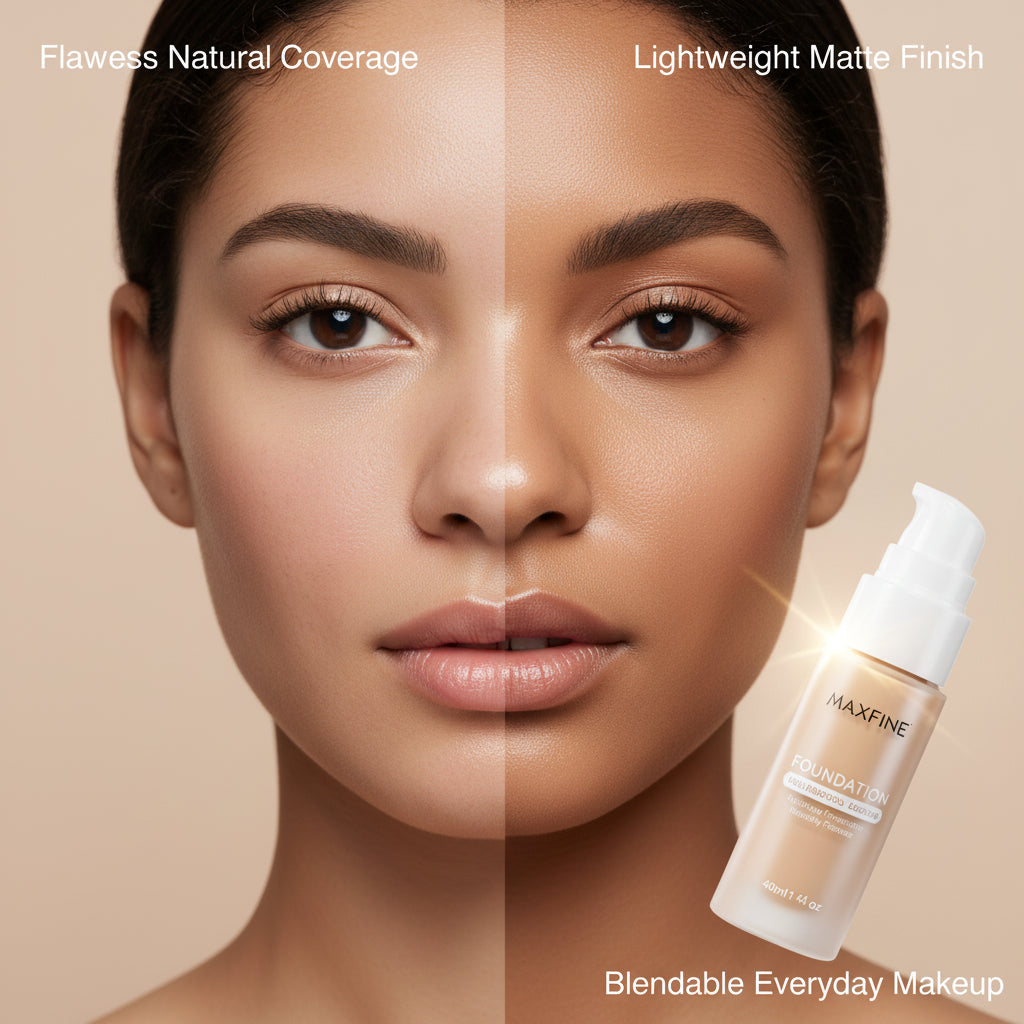 Foundation bottles with swatches and model faces showing color application
