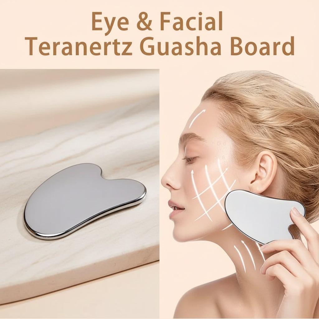 Teranertz Guasha Board with a woman's face and lines indicating use on a beige background