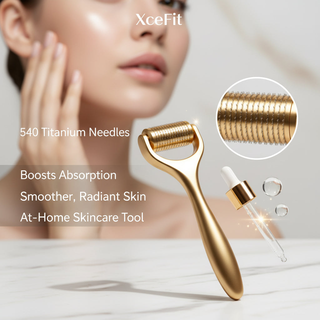 Gold skin roller with packaging and before/after effect on skin