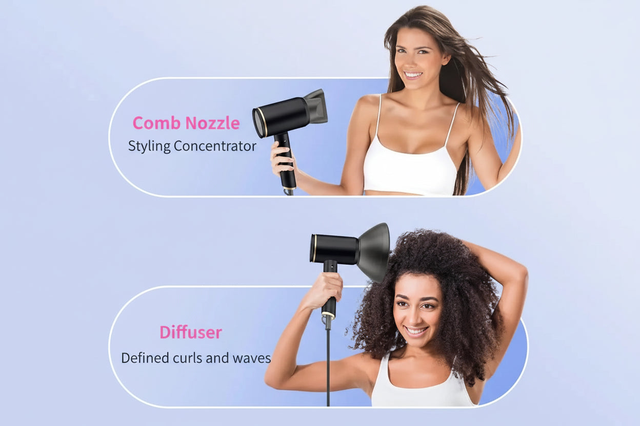 Three women using a hair dryer with different nozzles on a light blue background