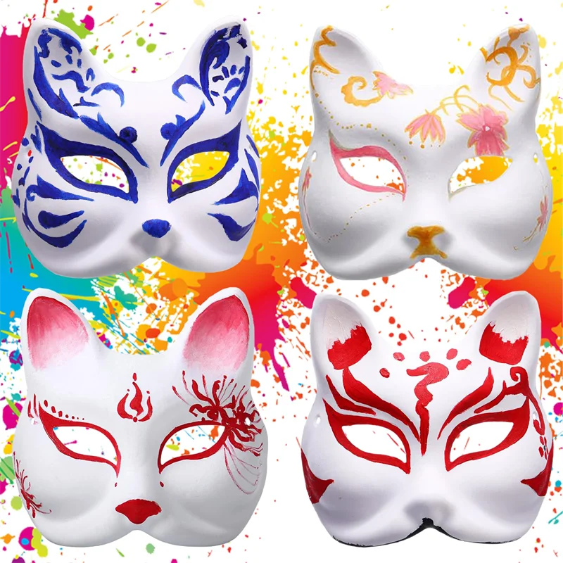 10-50PCS Therian Masks With Straps White Cat Masks Blank DIY Halloween Mask Animal Half Facemasks Masquerade Cosplay Party BeautyBond