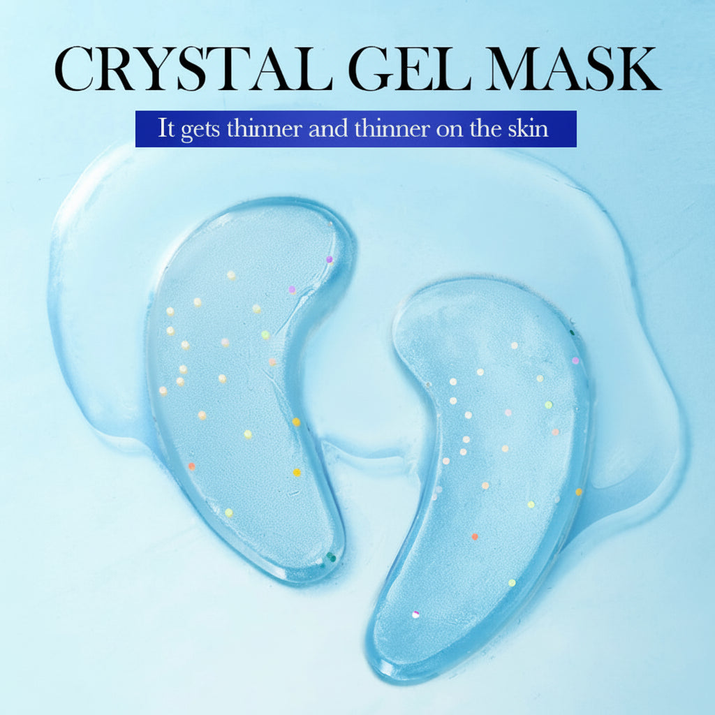 Crystal gel mask on a blue background with text about its thinning effect on skin.