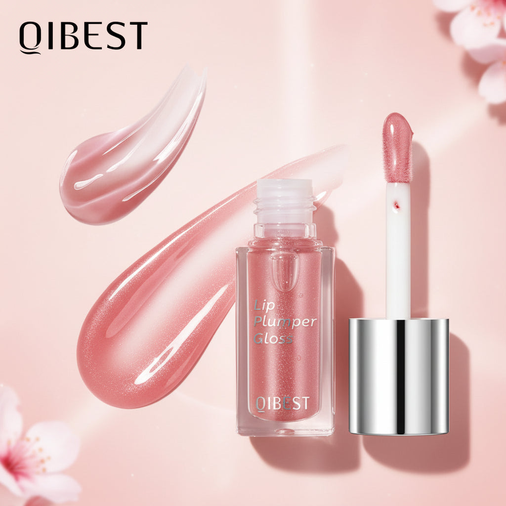 QIBEST lip plumper gloss with color swatch and application on lips