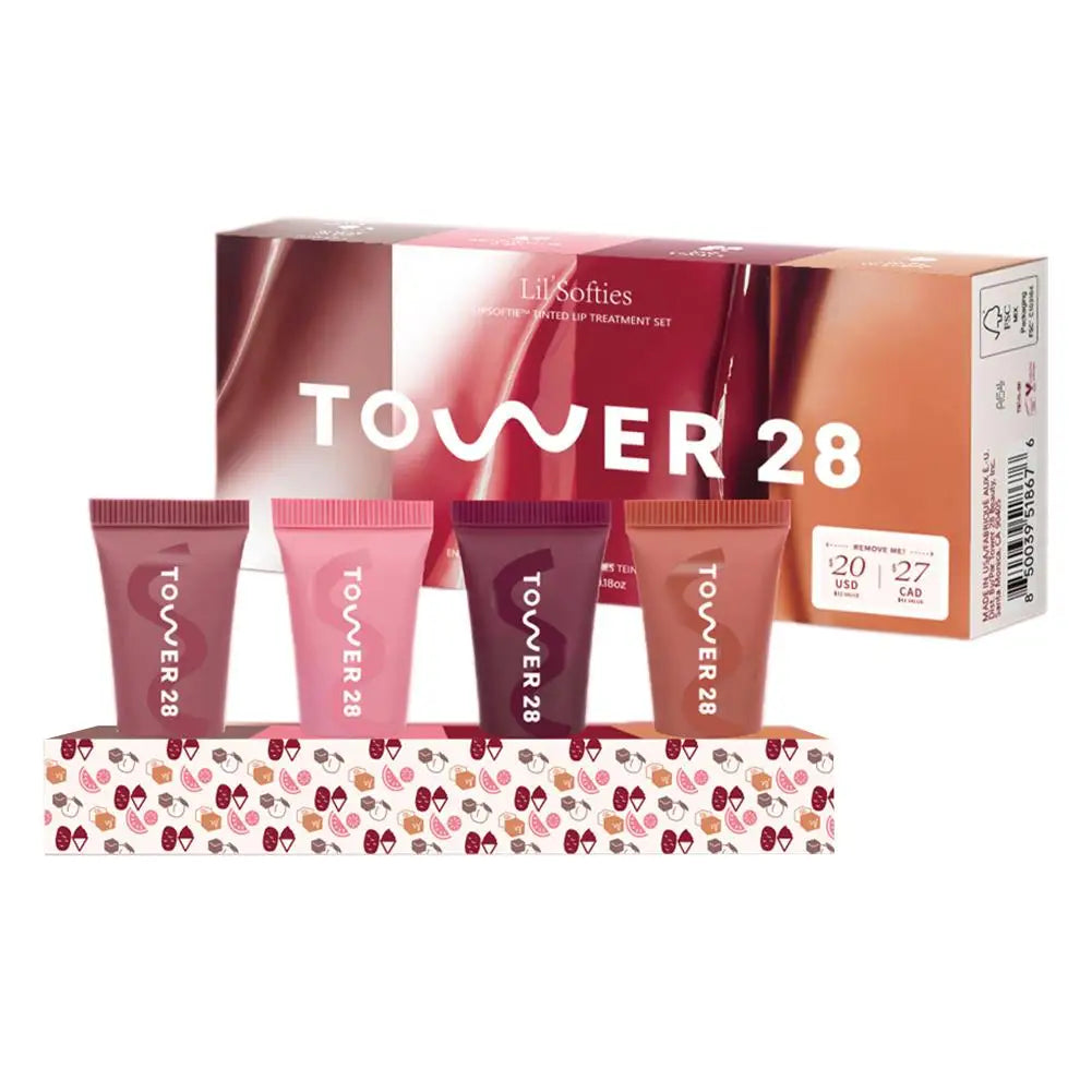 Original Tower 28 Beauty Mini Lil' Softies Lip Treatment Set Watermelon Sugar Plum Vanilla Dulce de Leche Colored Lip Blam Set BeautyBond