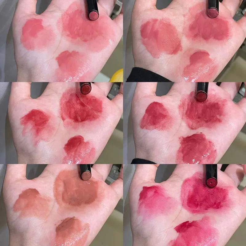 Collage of lipstick swatches on a palm with a lipstick visible.