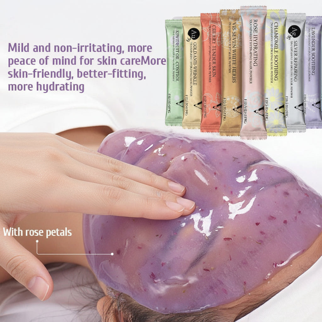 Purple skincare product with rose petals and a row of skincare packets on a white background.