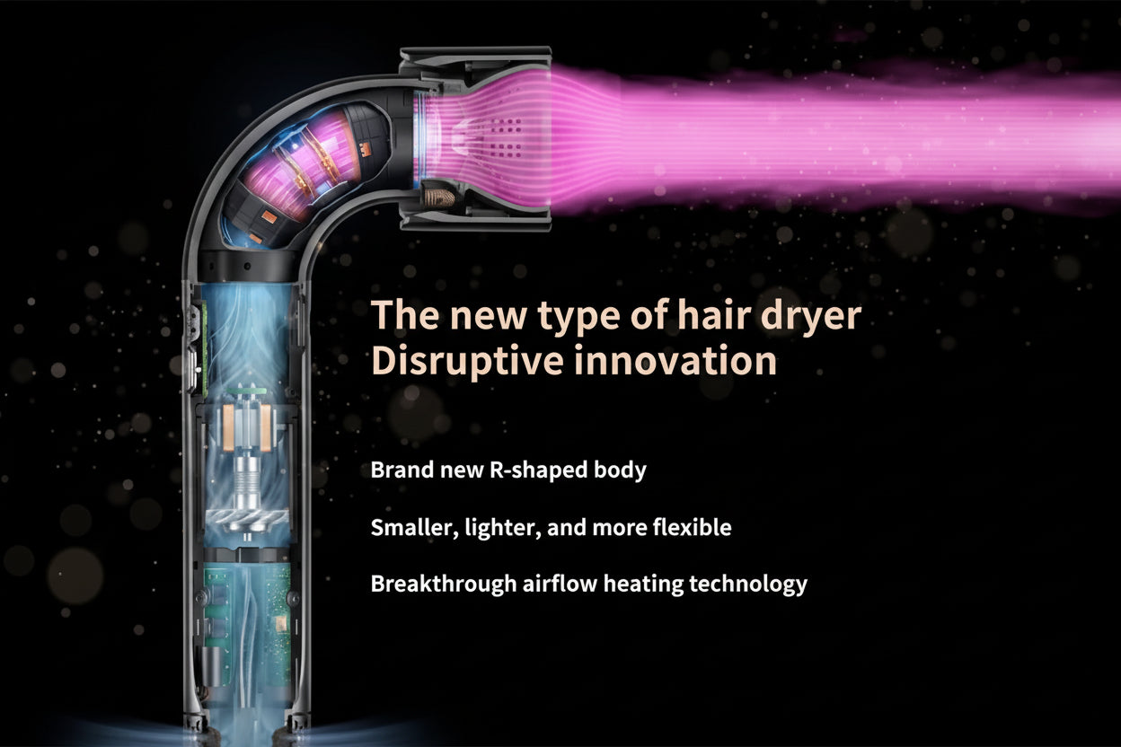 Innovative hair dryer with R-shaped body and purple airflow on a black background