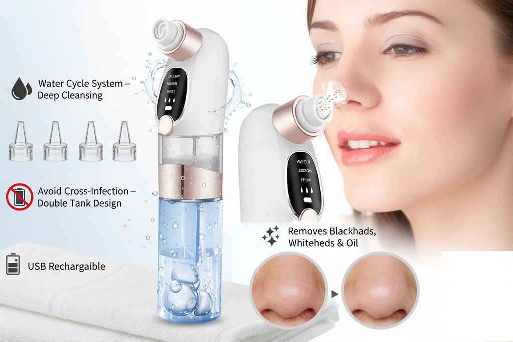 Kaza skincare device with attachments and a woman using it on her face.