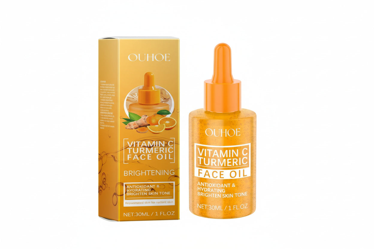 OUHOE Vitamin C Turmeric Face Oil packaging with a bottle and box on a white background
