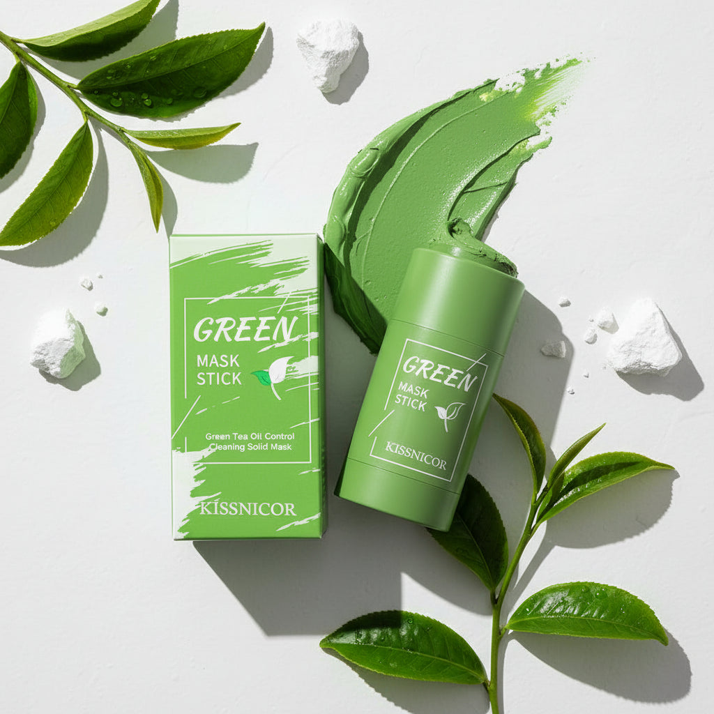 Green mask stick with packaging on a white background