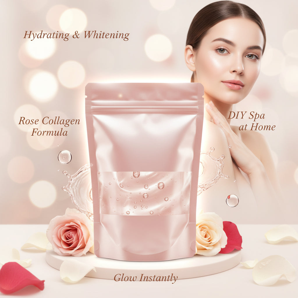 Row of colorful facial mask packets with various ingredients on a white background