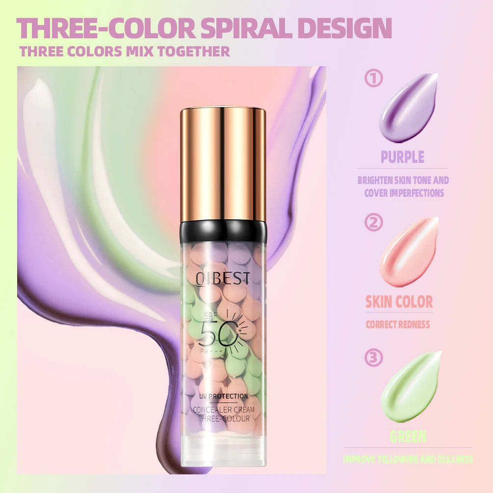 QIBEST Face Makeup Primer Tri-color Cream Brighten Contour Color Isolation Waterproof Foundation Natural Makeup Base Cream BeautyBond