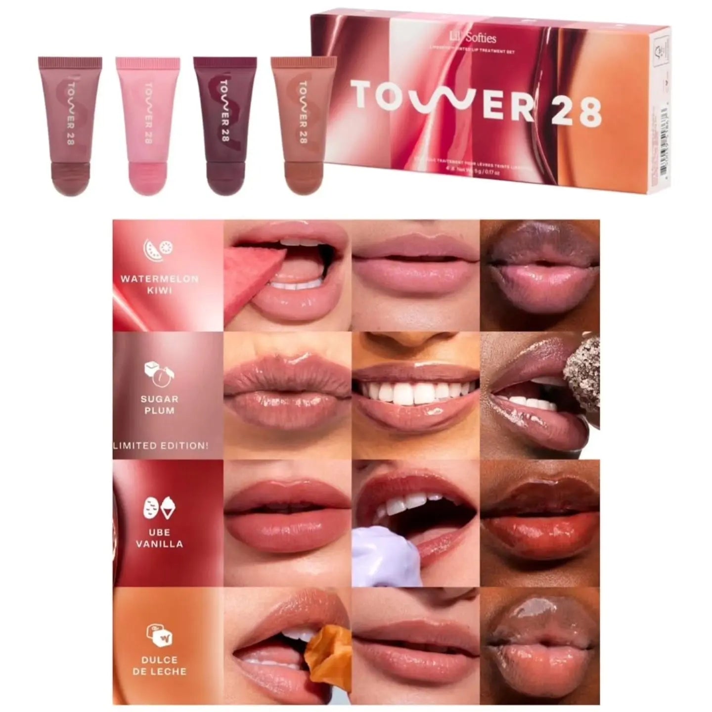 Original Tower 28 Beauty Mini Lil' Softies Lip Treatment Set Watermelon Sugar Plum Vanilla Dulce de Leche Colored Lip Blam Set BeautyBond