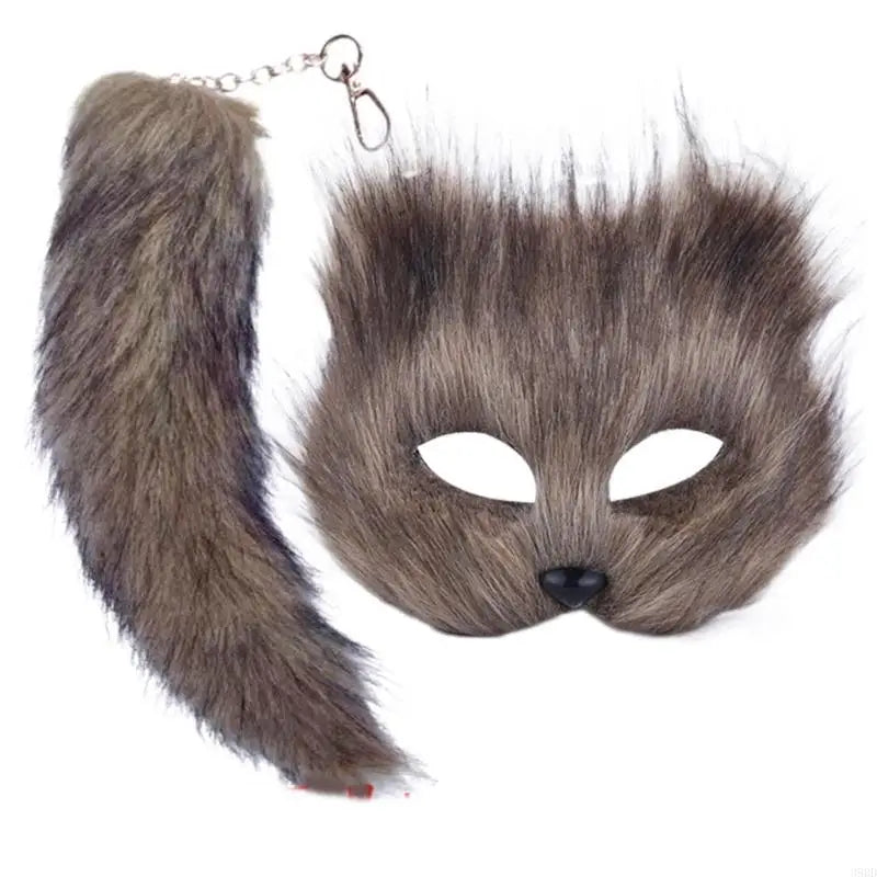 652F Therian Mask and Tail for Women Girls Fuzzy Cats Foxes Wolf Mask Tail Keychain Cosplays Halloween Costume BeautyBond