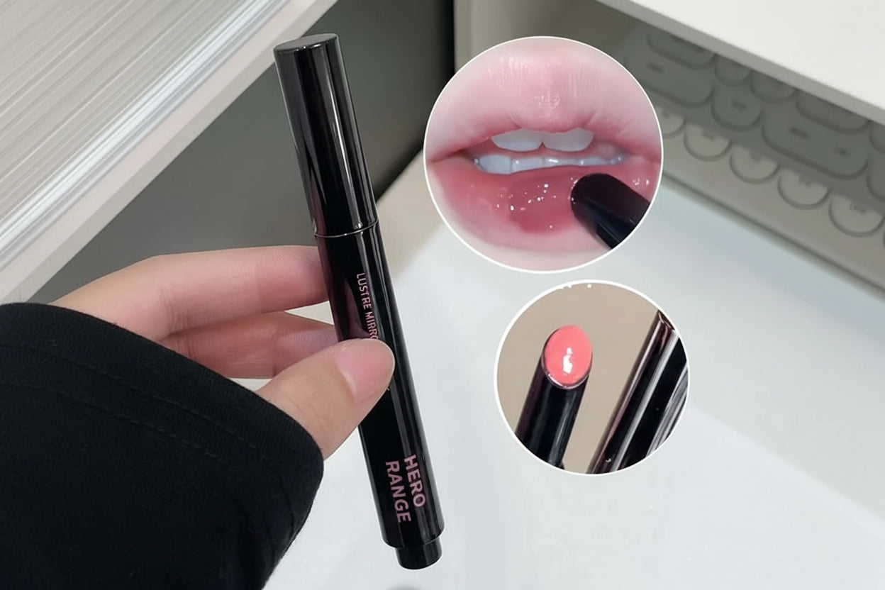 Black lip gloss tube held by a hand with close-up insets of lips and product.