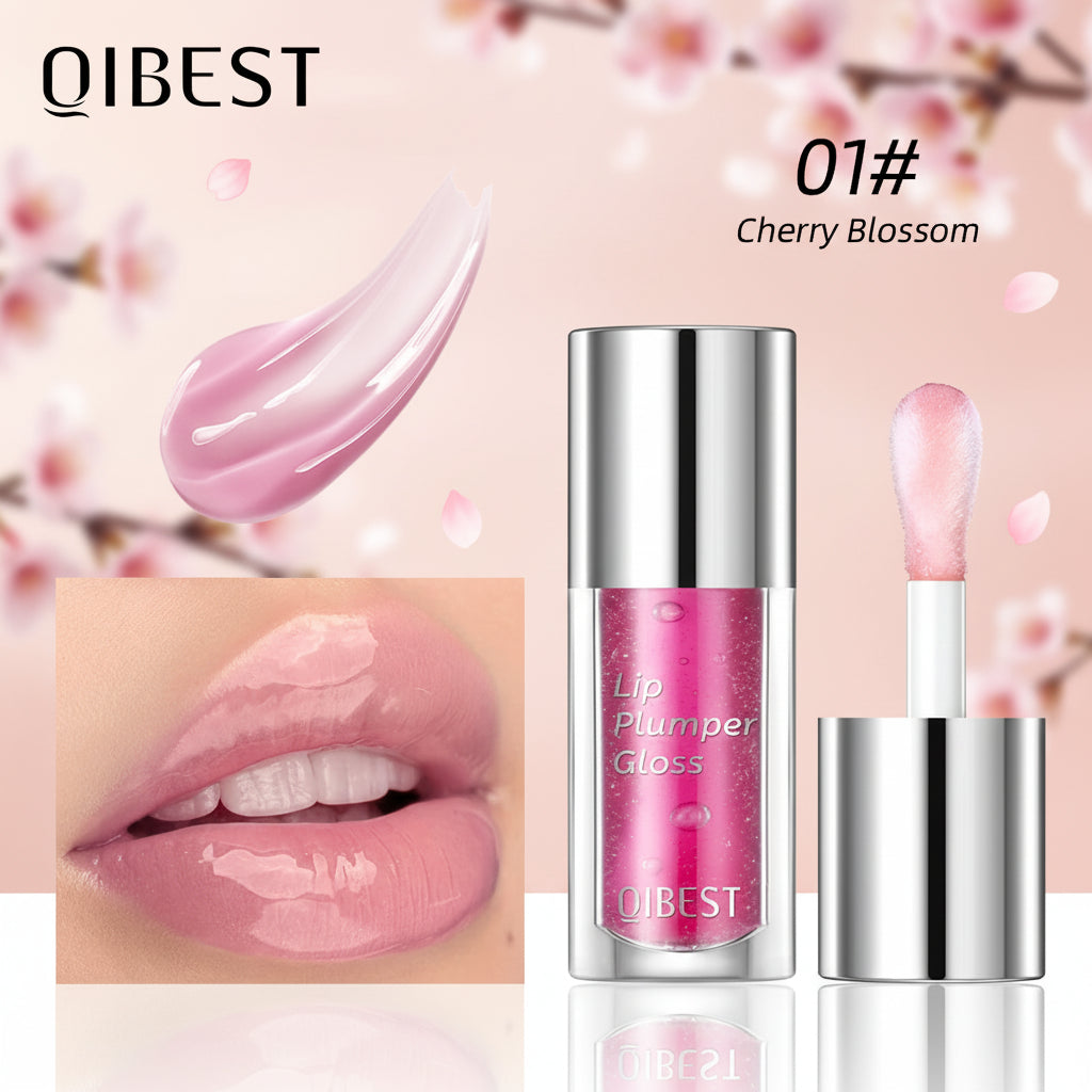 QIBEST lip plumper gloss with cherry blossom color on a white background