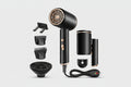Black hair dryer with multiple attachments on a white background