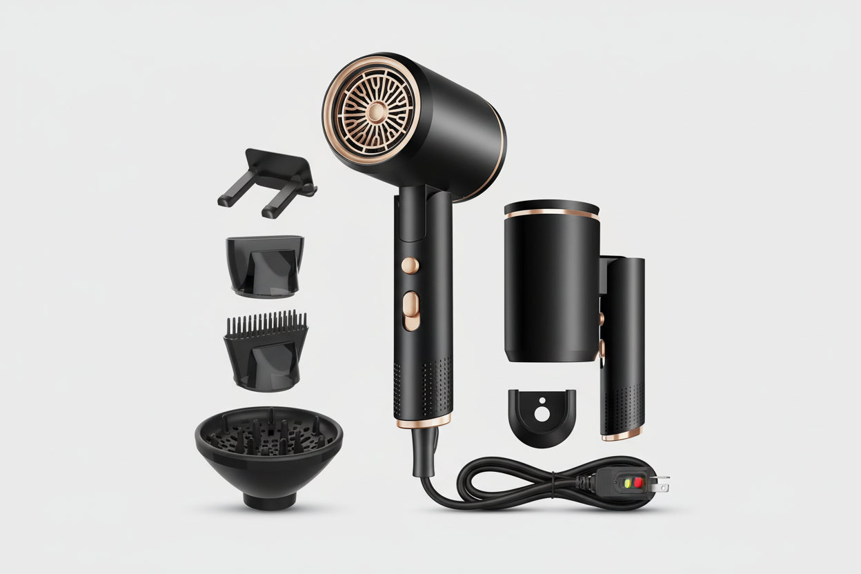 Black hair dryer with multiple attachments on a white background