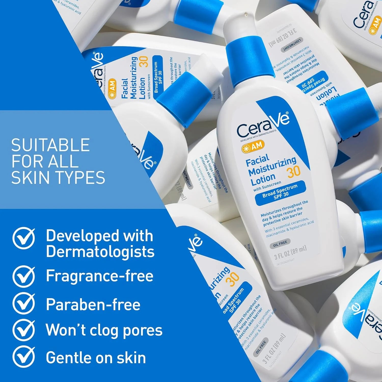 CeraVe AM Facial Moisturizing Lotion SPF 30 – Oil-Free with Ceramides & Hyaluronic Acid, 3 oz BeautyBond